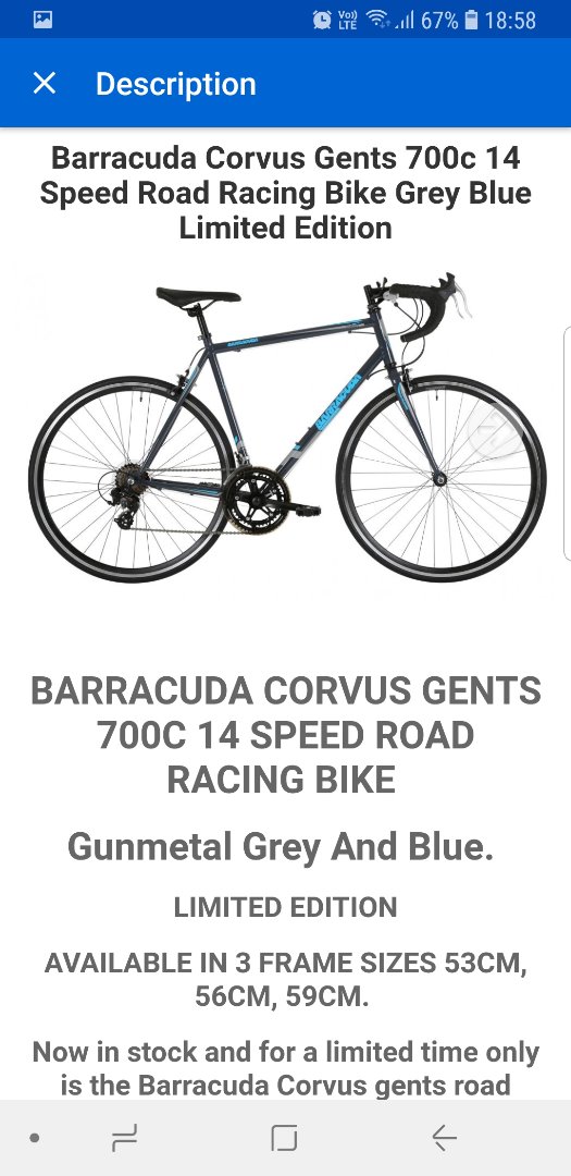 Barracuda Corvus Gents 700c 14 Speed Road Racing Bike Grey Blue Limited Edition